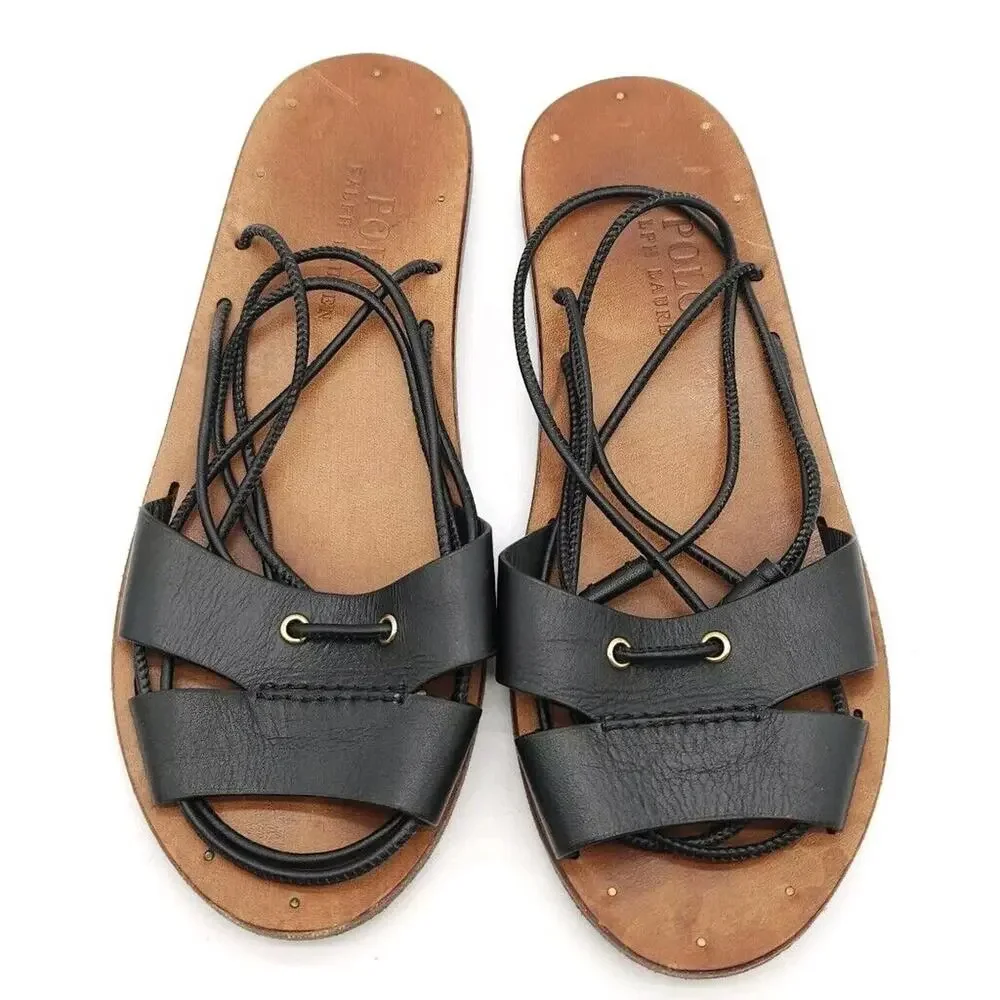 Polo Ralph‎ Lauren (Womens Size 6) Leather Flat Leg Lace Up Sandals Shoes Black